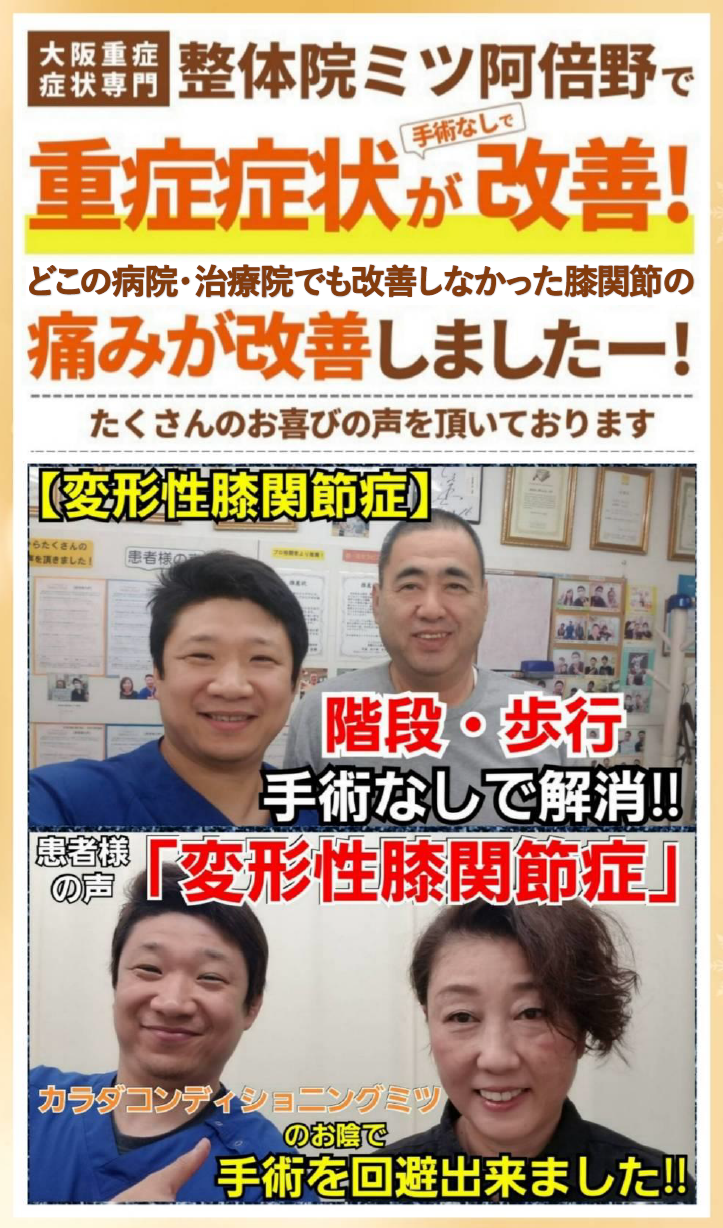 【公式】大阪阿倍野区西田辺/ひざ関節の痛み・変形性膝関節症・半月板損傷の専門整体治療院ミツ阿倍野